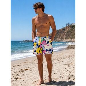 Old Navy Bright Floral Swim Trunks Board Shorts Mens L Drawstring Flex Pockets